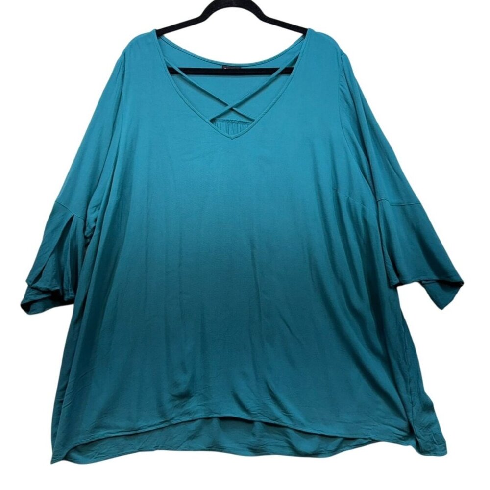 Torrid Womens Oversized V-Neck Top Blouse Crisscross Detail Size 3/4X Teal